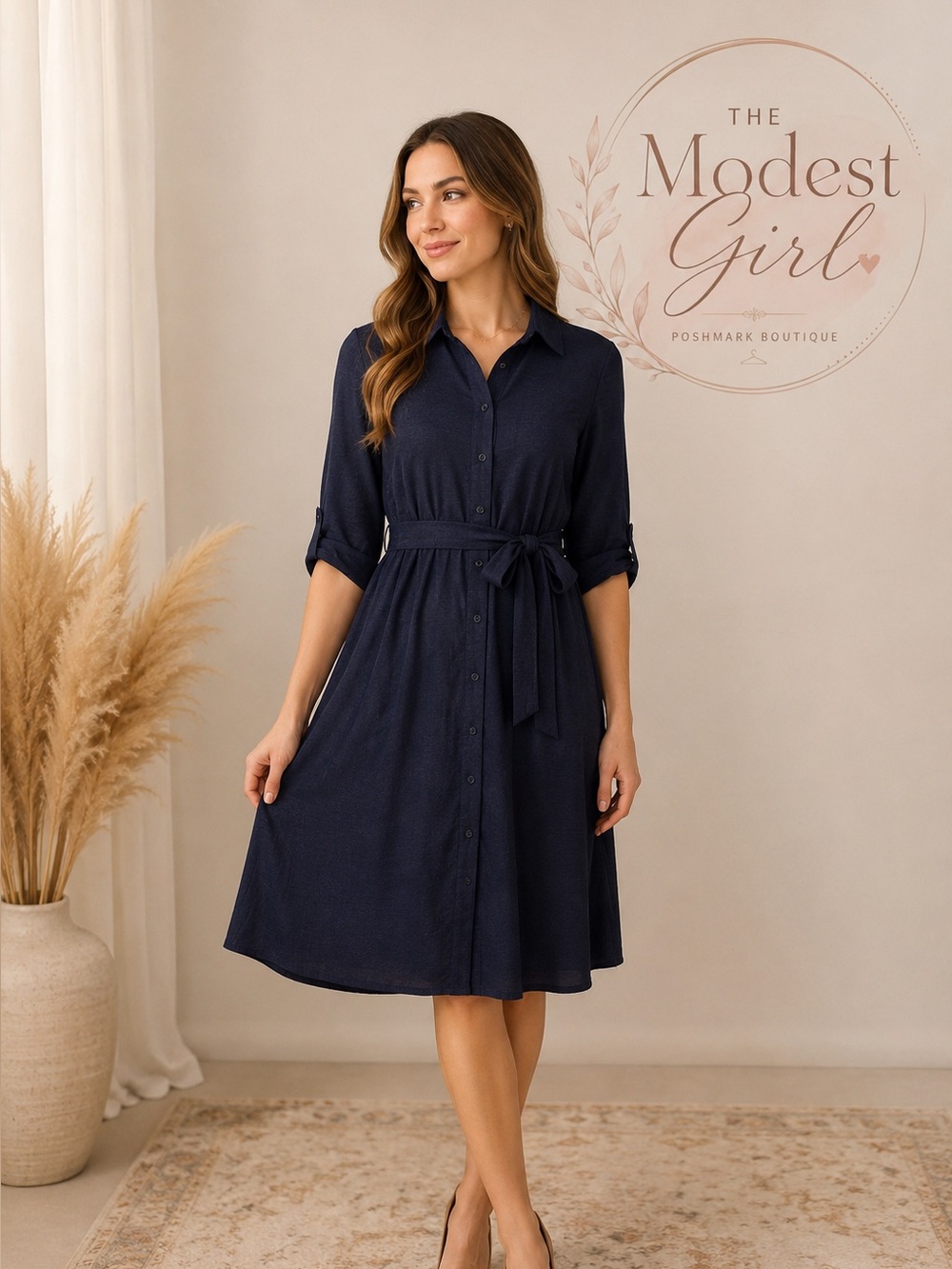 Classic Navy Button-Front Tie-Waist Midi Dress